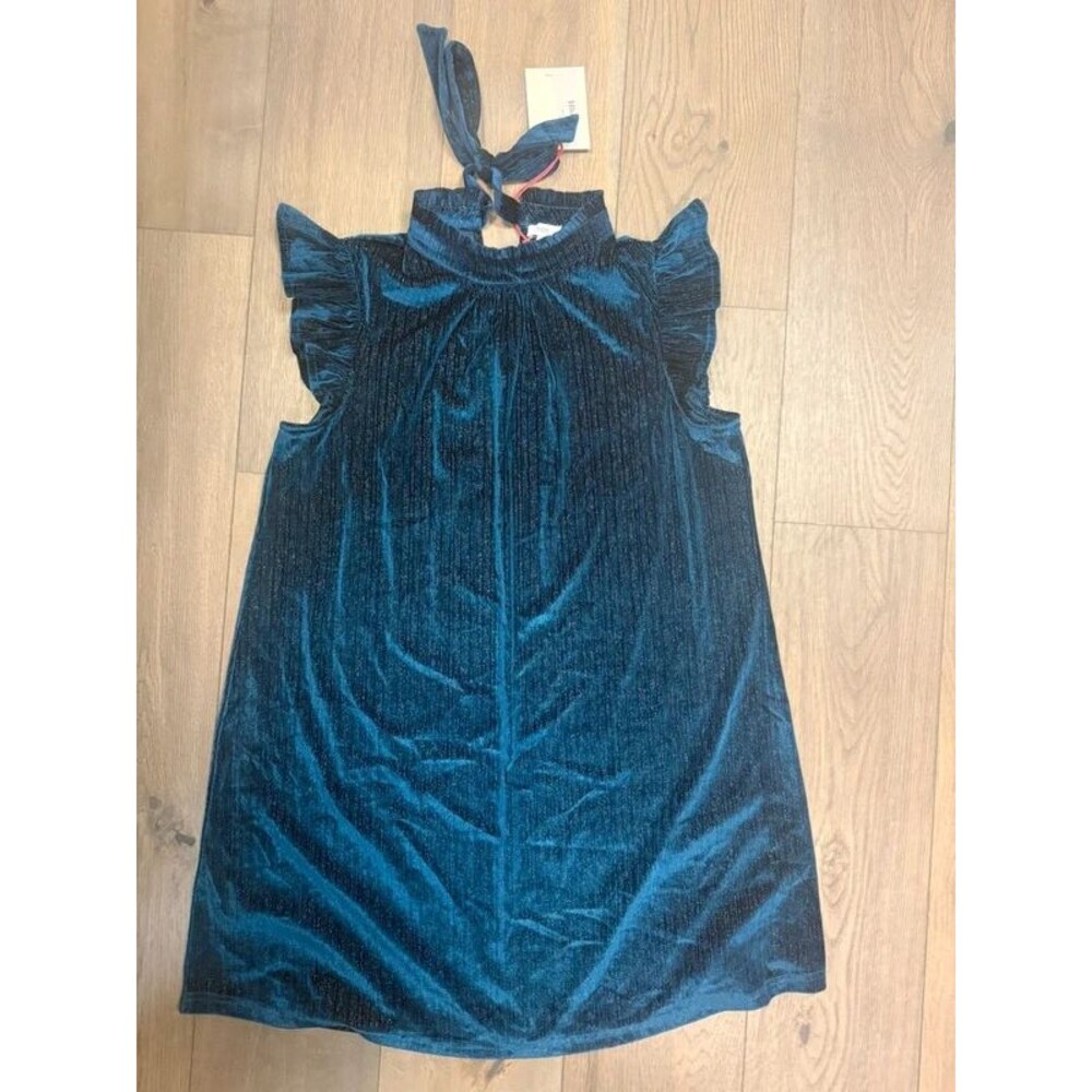 nwt VOY Navy Blue Velvet Ruffle Sleeve Tie Neck Mini Dress Women’s M